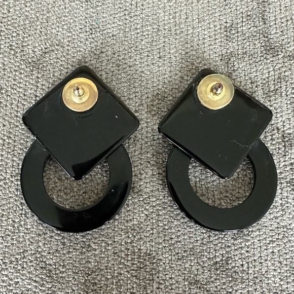 VINTAGE 80s Black Enamel and Blue and White Rhinestone Geometric Earrings - Picture 2 of 3